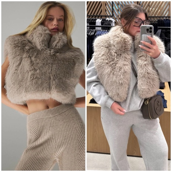 ALO YOGA Opulent Faux Fur Cropped Vest in Oat Beige SZ L - Picture 2 of 11